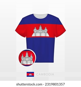 Football uniform of national team of Cambodia with football ball with flag of Cambodia. Soccer jersey and soccerball with flag. Vector template.