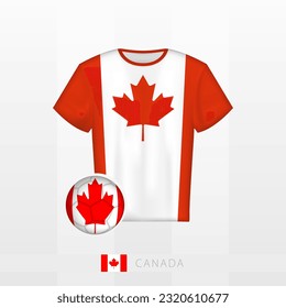 Football uniform of national team of Canada with football ball with flag of Canada. Soccer jersey and soccerball with flag. Vector template.