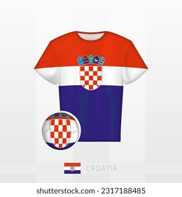 Uniforme de fútbol de la selección nacional de Croacia con fútbol con bandera de Croacia. Jersey de fútbol y fútbol con bandera. Plantilla de vectores.