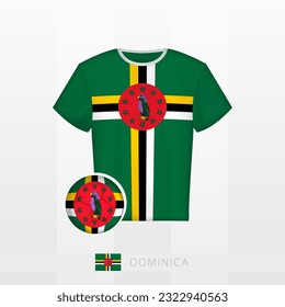 Uniforme de fútbol de la selección nacional de Dominica con fútbol con bandera de Dominica. Jersey de fútbol y fútbol con bandera. Plantilla de vectores.