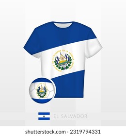 Football uniform of national team of El Salvador with football ball with flag of El Salvador. Soccer jersey and soccerball with flag. Vector template.