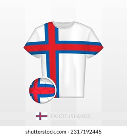 Uniforme de fútbol de la selección nacional de las Islas Feroe con fútbol con bandera de las Islas Feroe. Jersey de fútbol y fútbol con bandera. Plantilla de vectores.