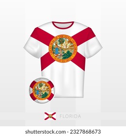 Uniforme de fútbol de la selección nacional de Florida con fútbol con bandera de Florida. Jersey de fútbol y fútbol con bandera. Plantilla de vectores.