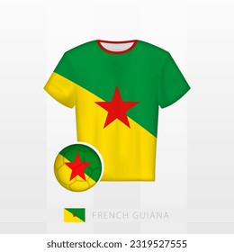 Uniforme de fútbol de la selección nacional de Guyana Francesa con fútbol con bandera de Guyana Francesa. Jersey de fútbol y fútbol con bandera. Plantilla de vectores.