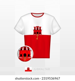 Uniforme de fútbol de la selección nacional de Gibraltar con fútbol con bandera de Gibraltar. Jersey de fútbol y fútbol con bandera. Plantilla de vectores.