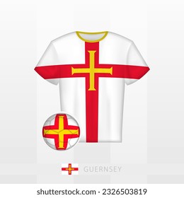 Football uniform of national team of Guernsey with football ball with flag of Guernsey. Soccer jersey and soccerball with flag. Vector template.