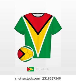 Uniforme de fútbol de la selección nacional de Guyana con fútbol con bandera de Guyana. Jersey de fútbol y fútbol con bandera. Plantilla de vectores.