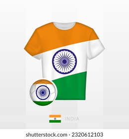 Football uniform of national team of India with football ball with flag of India. Soccer jersey and soccerball with flag. Vector template.