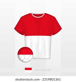 Football uniform of national team of Indonesia with football ball with flag of Indonesia. Soccer jersey and soccerball with flag. Vector template.
