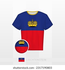 Uniforme de fútbol de la selección nacional de Liechtenstein con fútbol con bandera de Liechtenstein. Jersey de fútbol y fútbol con bandera. Plantilla de vectores.