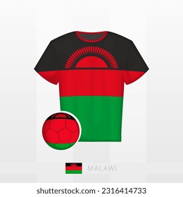 Uniforme de fútbol de la selección nacional de Malawi con fútbol con bandera de Malawi. Jersey de fútbol y fútbol con bandera. Plantilla de vectores.