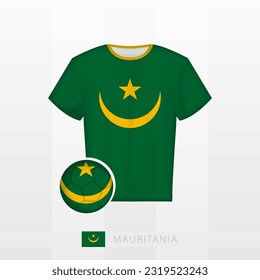 Uniforme de fútbol de la selección nacional de Mauritania con fútbol con bandera de Mauritania. Jersey de fútbol y fútbol con bandera. Plantilla de vectores.