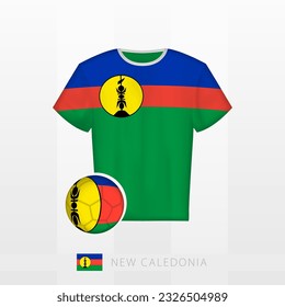 Uniforme de fútbol de la selección nacional de Nueva Caledonia con fútbol con bandera de Nueva Caledonia. Jersey de fútbol y fútbol con bandera. Plantilla de vectores.