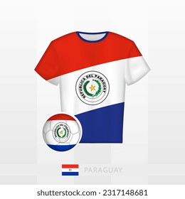 Football uniform of national team of Paraguay with football ball with flag of Paraguay. Soccer jersey and soccerball with flag. Vector template.