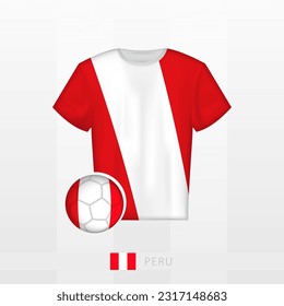 Uniforme de fútbol de la selección nacional del Perú con fútbol con bandera del Perú. Jersey de fútbol y fútbol con bandera. Plantilla de vectores.