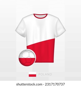 Uniforme de fútbol de la selección nacional de Polonia con fútbol con bandera de Polonia. Jersey de fútbol y fútbol con bandera. Plantilla de vectores.