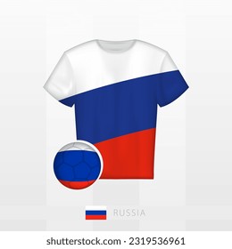 Uniforme de fútbol de la selección nacional de Rusia con fútbol con bandera de Rusia. Jersey de fútbol y fútbol con bandera. Plantilla de vectores.