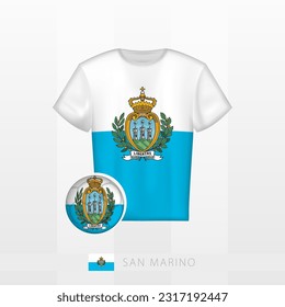 Uniforme de fútbol de la selección nacional de San Marino con futbol con bandera de San Marino. Jersey de fútbol y fútbol con bandera. Plantilla de vectores.