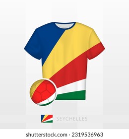 Uniforme de fútbol de la selección nacional de Seychelles con fútbol con bandera de Seychelles. Jersey de fútbol y fútbol con bandera. Plantilla de vectores.