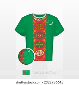 Uniforme de fútbol de la selección nacional de Turkmenistán con fútbol con bandera de Turkmenistán. Jersey de fútbol y fútbol con bandera. Plantilla de vectores.