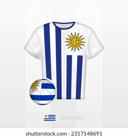 Football uniform of national team of Uruguay with football ball with flag of Uruguay. Soccer jersey and soccerball with flag. Vector template.