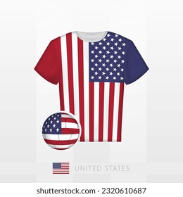 Football uniform of national team of USA with football ball with flag of USA. Soccer jersey and soccerball with flag. Vector template.