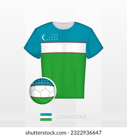 Uniforme de fútbol de la selección nacional de Uzbekistán con fútbol con bandera de Uzbekistán. Jersey de fútbol y fútbol con bandera. Plantilla de vectores.