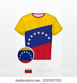 Uniforme de fútbol de la selección nacional de Venezuela con fútbol con bandera de Venezuela. Jersey de fútbol y fútbol con bandera. Plantilla de vectores.