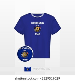 Uniforme de fútbol de la selección nacional de Wisconsin con fútbol con bandera de Wisconsin. Jersey de fútbol y fútbol con bandera. Plantilla de vectores.