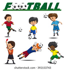 football and various players, striker, defender, goalkeeper, referee in game situations