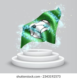 Football, vector 3d flag on the podium surrounded by a whirlwind of magical radiance