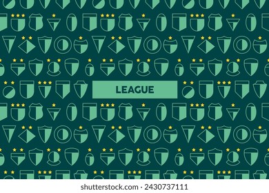 Football vector banner with team light green crests logos and yellow stars on dark green background for soccer league.