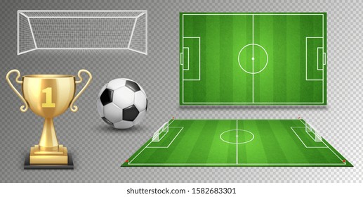 Football vector elements. Soccer ball golden cup green fields goals. Realistic vector football elements isolated on white background