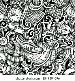 Football vector hand drawn doodles seamless pattern. Soccer graphics background design. Sports cartoon trace illustration.