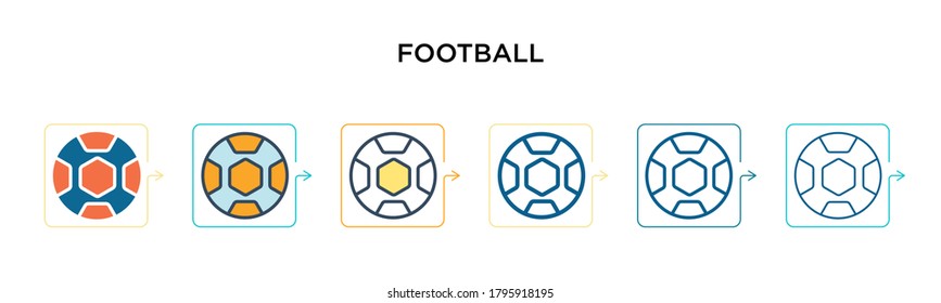Football vector icon in 6 different modern styles. Black, two colored football icons designed in filled, outline, line and stroke style. Vector illustration can be used for web, mobile, ui