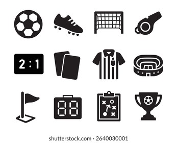 Football vector icon set in outline style. Includes ball, jersey, stadium, referee, boots, and scoreboard symbols for sports design needs.
