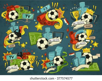 Football vector illustration. Set of sports elements for banner, brochure, brochures. Illustration composed of fan, ball, gate, football field 