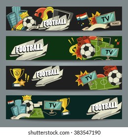 Football vector illustration. Set of sports elements for banner, brochure, brochures. Illustration composed of fan, ball, gate, football field.