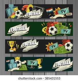 Football vector illustration. Set of sports elements for banner, brochure, brochures. Illustration composed of fan, ball, gate, football field.