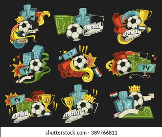 Football vector illustration. Set of sports elements for banner, brochure, brochures. Illustration composed of fan, ball, gate, football field.