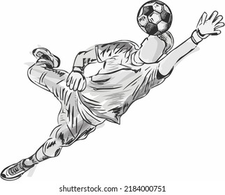 Vector de fútbol, Ilustración de fútbol, dibujo de boceto de portero, ilustración de la línea de arte del portero buceando y parando la pelota, silueta del goleador en partido de fútbol