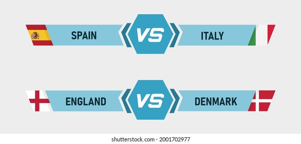 Fútbol versus ilustración. España vs Italia. Dinamarca vs. Inglaterra. Vector de diseño plano