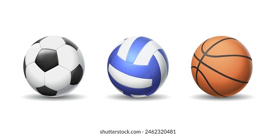 Football, volleyball and basketball balls realistic vector illustration set. Spheric inventory for team games 3d objects on white background