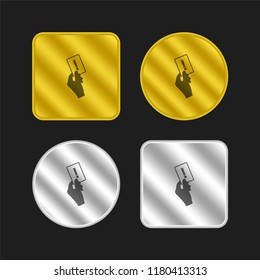 Football warning card in a referee hand gold and silver metallic coin logo icon design