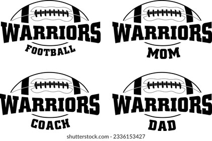 Football - Warriors is a sports team design that includes text with the team name and a football graphic. Great for Warriors t-shirts, mugs, advertising and promotions for teams or schools.