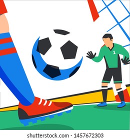 Football web banner. Forward and goalkeeper in the stadium in the background of stadium. Live stream game. Penalty. Full color vector illustration in flat style.
