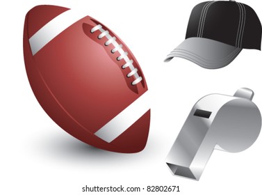 Football, whistle, and cap on white background