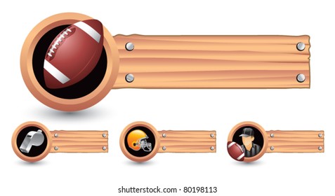 Football, whistle, helmet, and referee in wood banners