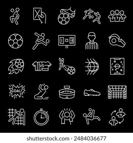 Football, white line icons. Soccer game, players, goals, and equipment. Essential for sports and recreation themes. Symbols on black background. Editable stroke.