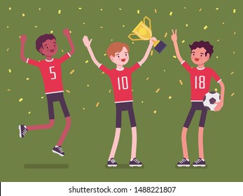 Football winner team with trophy. Young happy male athletes in uniform celebrating victory, group of players holding first prize after successful sport match. Vector flat style cartoon illustration